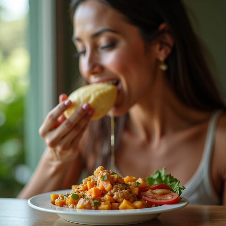 Noiva comendo uma refeição leve e saudável.
