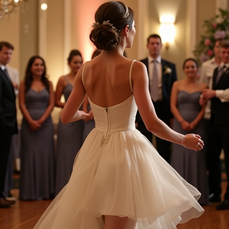 Noiva dançando confortavelmente com vestido curto após remover saia longa