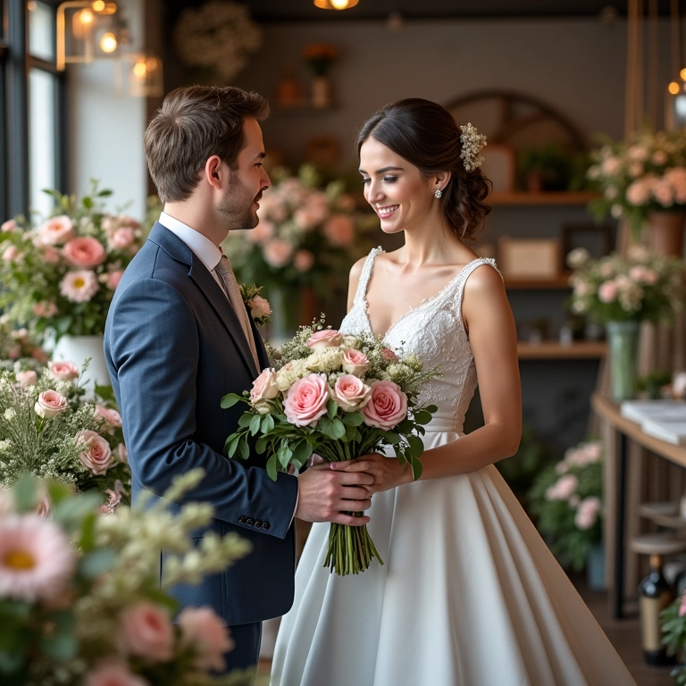 Noiva e noivo em reunião com florista de casamento.
