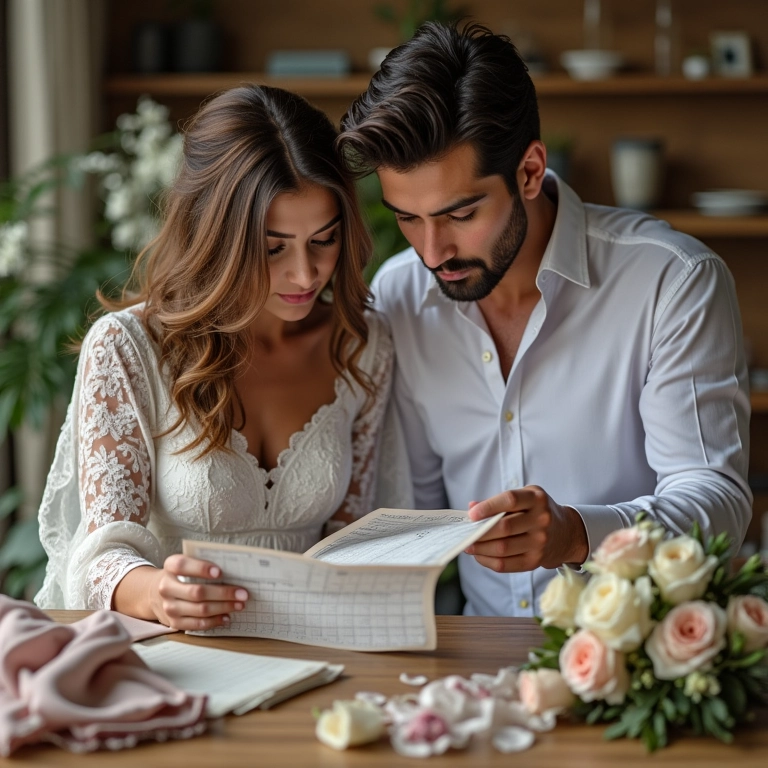 Noiva e noivo olhando um calendário juntos, discutindo as opções de data do casamento.