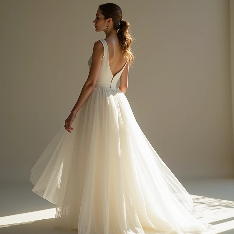 Noiva elegante com vestido e saia removível, mostrando versatilidade