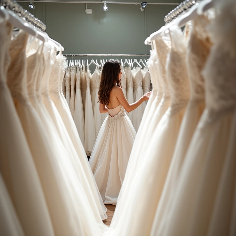 Noiva em loja de vestidos de noiva com consultora.