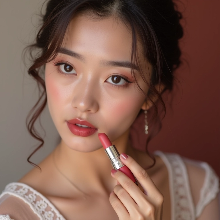 Noiva oriental escolhendo o batom ideal para o casamento.