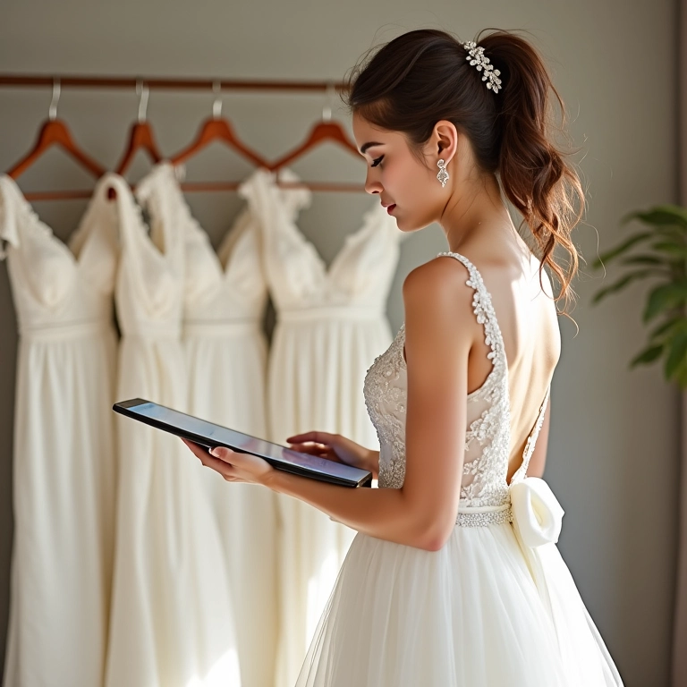 Noiva pesquisando vestidos de noiva online.