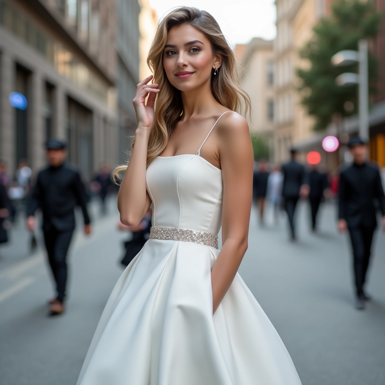 Noiva posando elegantemente com um vestido de noiva curto sereia em ambiente urbano.