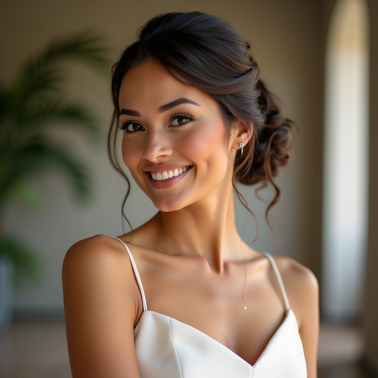 Noiva radiante com penteado preso elegante e vestido branco sofisticado.