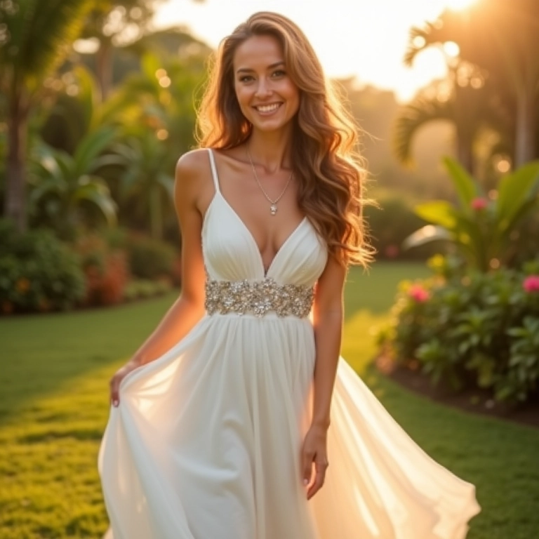 Noiva radiante em vestido branco de noivado, celebrando em jardim brasileiro.