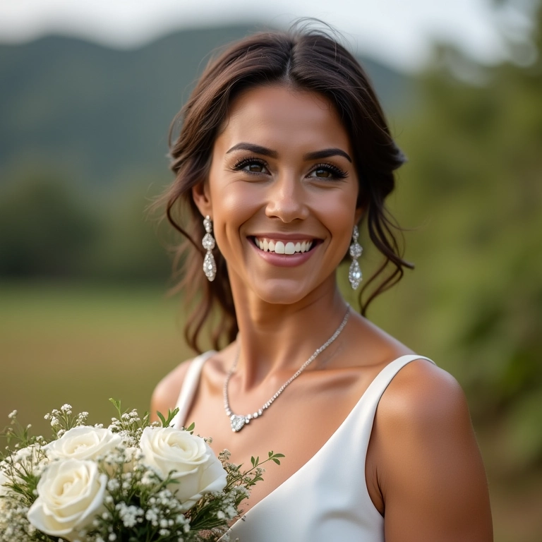 Noiva radiante usando joias de brilhante no dia do casamento.