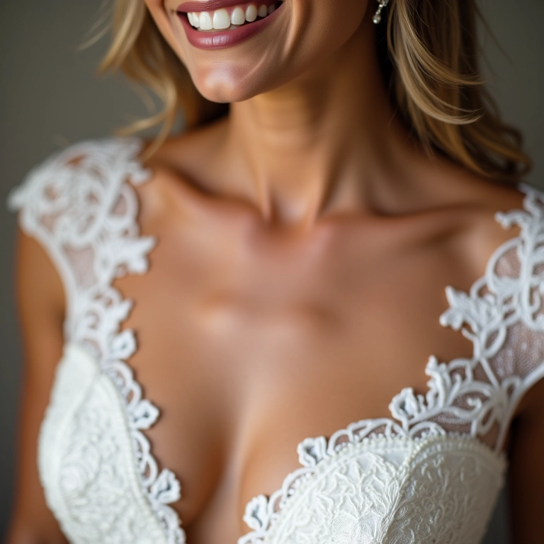 Noiva radiante vestindo um vestido de noiva sob medida com detalhes em renda.