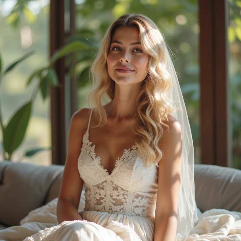 Noiva relaxando em casa na véspera do casamento, decoração brasileira.