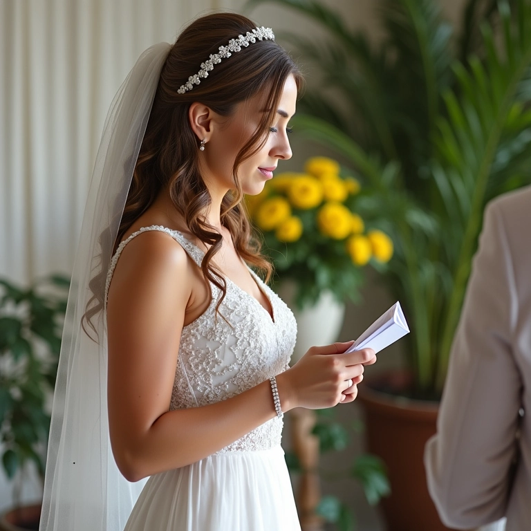 Noiva revisando os votos de casamento.