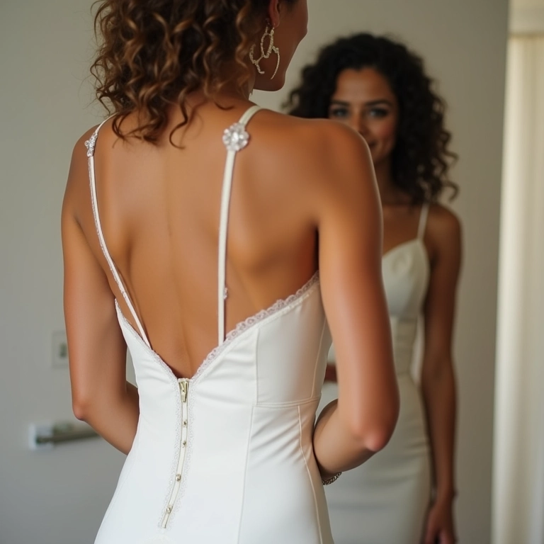 Noiva se preparando, com foco no sutiã ideal sob o vestido decotado.
