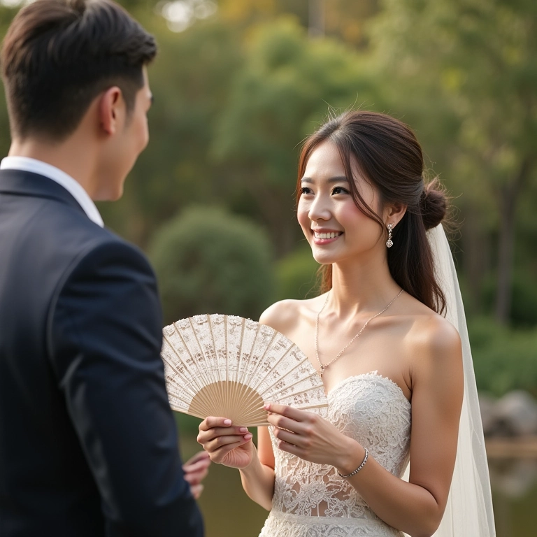 Noiva segurando leque rendado em casamento ao ar livre.