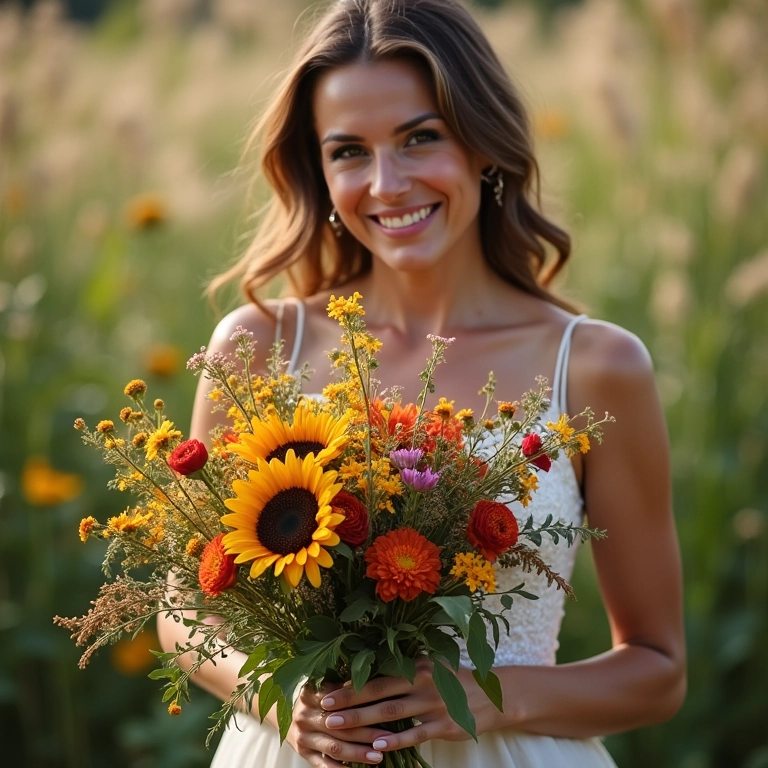 Noiva sorridente segurando um buquê deslumbrante de flores do campo.