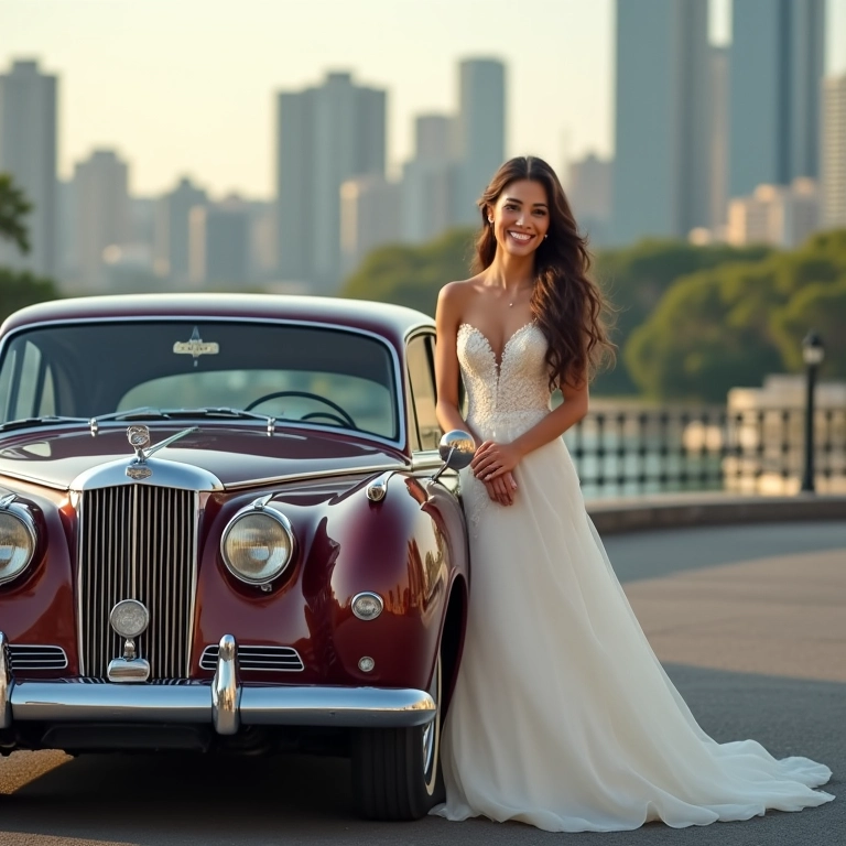 Noiva sorrindo em carro antigo de luxo, com horizonte da cidade ao fundo.