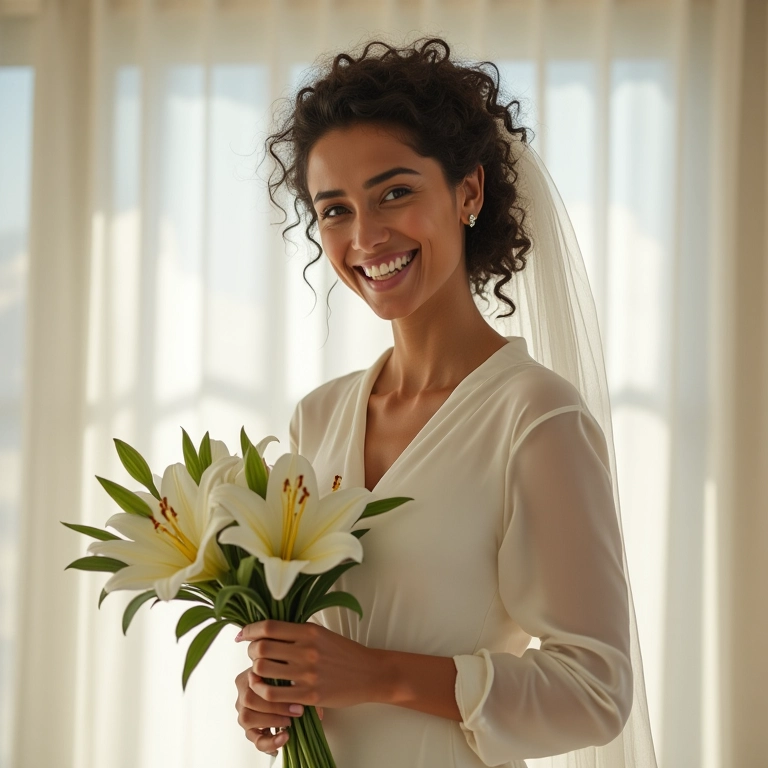 Noiva sorrindo segurando buquê de lírios brancos sob luz natural.