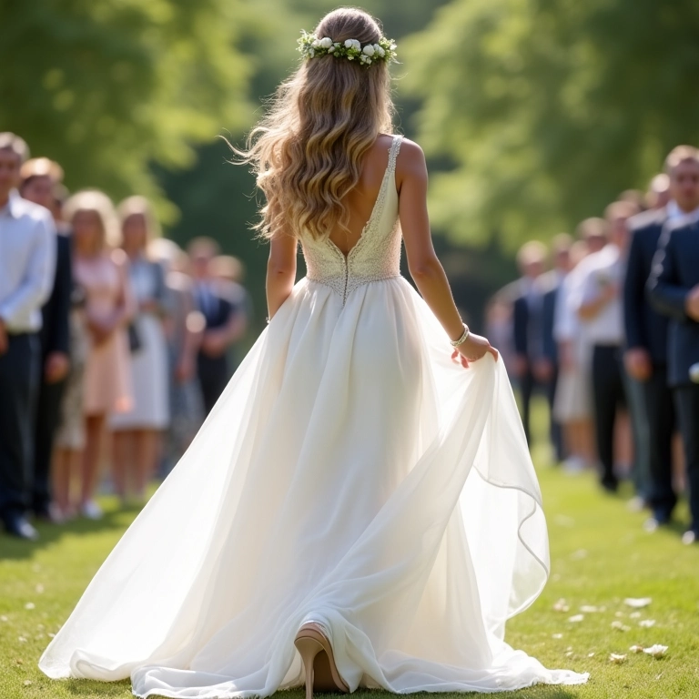Noiva usando saltos bloco em casamento ao ar livre.