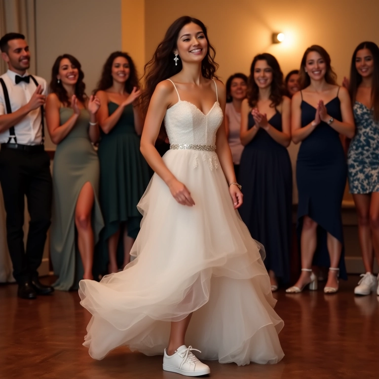 Noiva usando tênis branco e dançando na recepção do casamento.