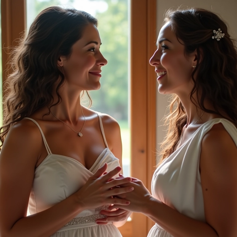 Noivas conversando sobre os detalhes do casamento em um ambiente confortável.