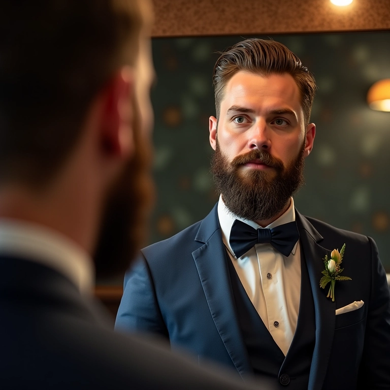 Noivo conferindo o visual no espelho da barbearia.