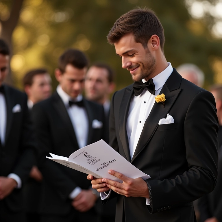 Noivo de smoking segurando o programa do casamento.