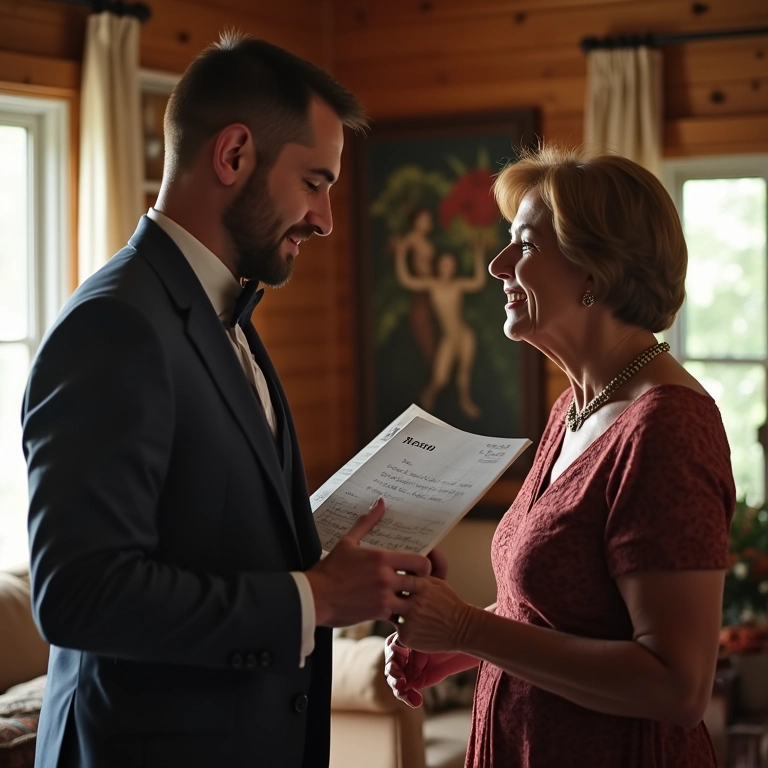 Noivo e mãe planejando surpresa para a dança do casamento.