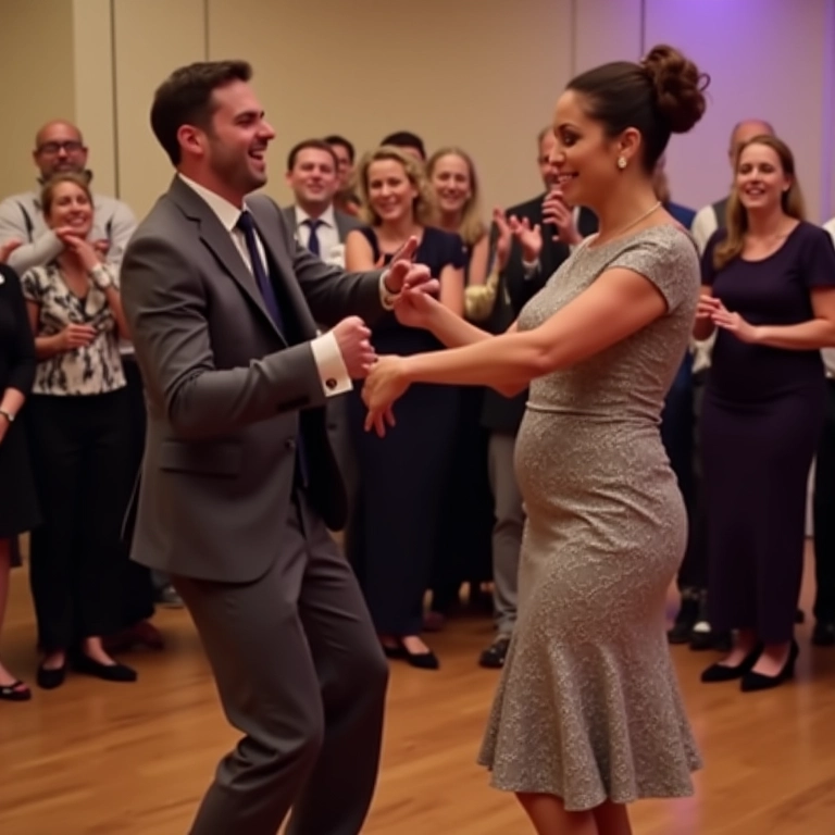 Noivo e mãe surpreendendo convidados com dança moderna.