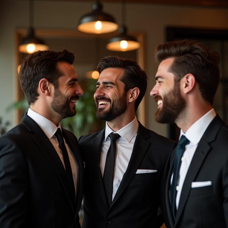 Noivo e padrinhos celebrando na barbearia.