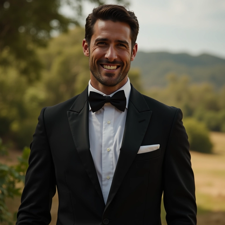 Noivo elegante vestindo smoking preto clássico sorrindo confiantemente.