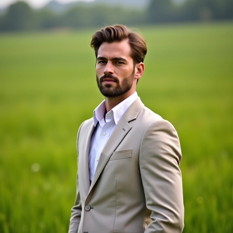 Noivo em traje de linho em harmonia com a natureza.