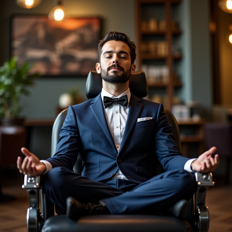 Noivo meditando em cadeira de barbearia.