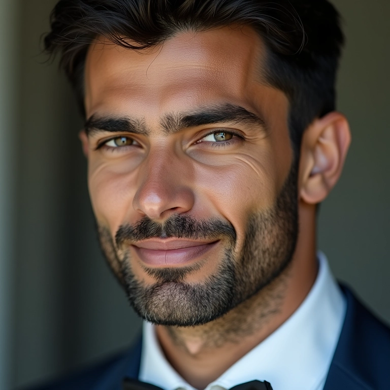 Noivo sorrindo com confiança, mostrando os cuidados de beleza.