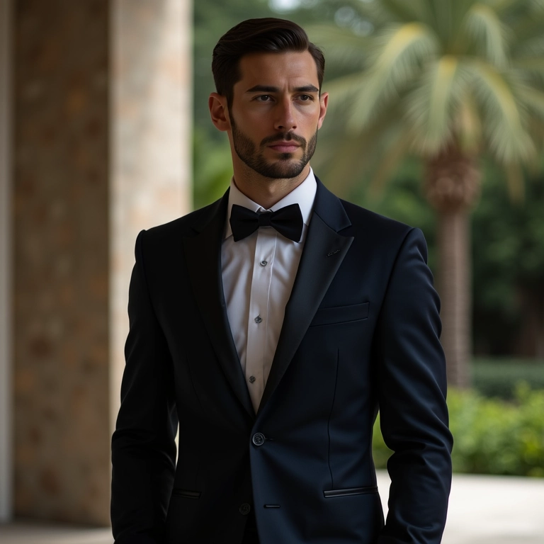 Noivo vestindo smoking azul marinho em local de casamento.