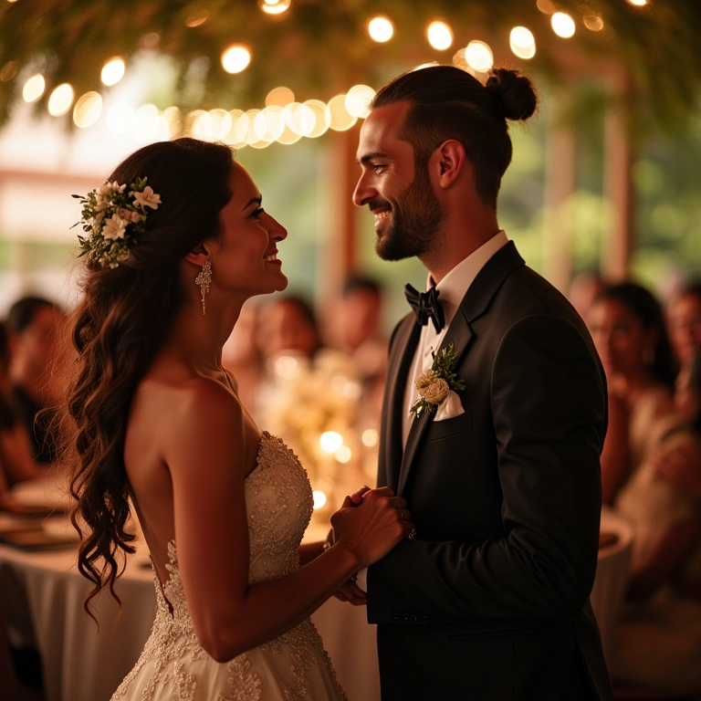 Noivos agradecendo aos pais durante a recepção de casamento.