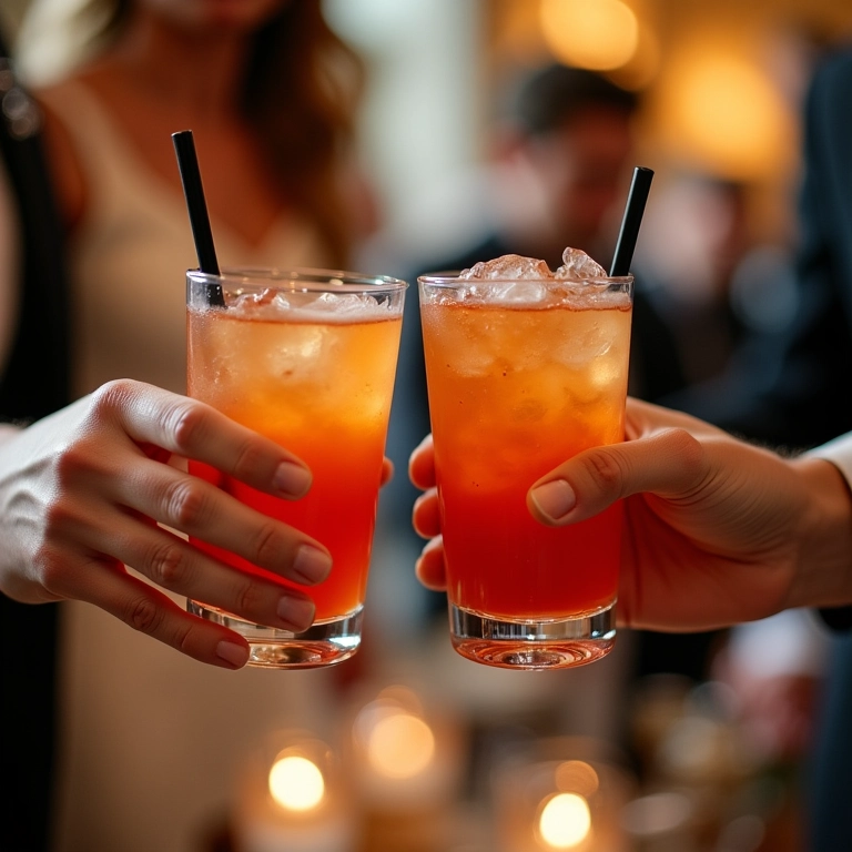 Noivos brindando com drinks personalizados em festa de casamento elegante.