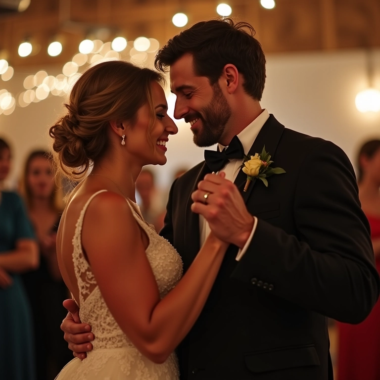 Noivos dançam com os pais durante a festa de casamento.