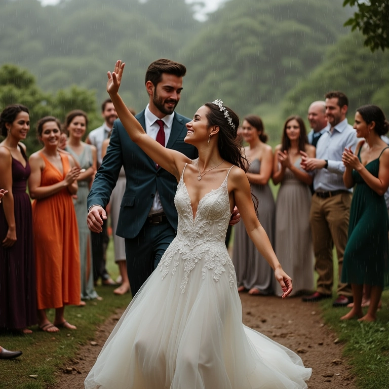 Noivos dançando na chuva no dia do casamento.