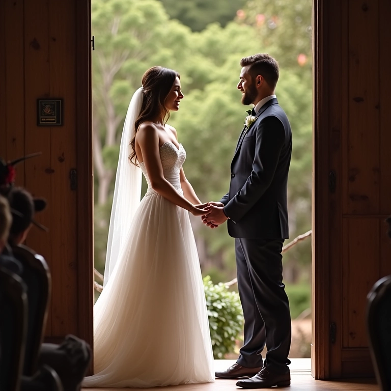 Noivos de mãos dadas antes do casamento, separados por uma porta, momento emocionante.