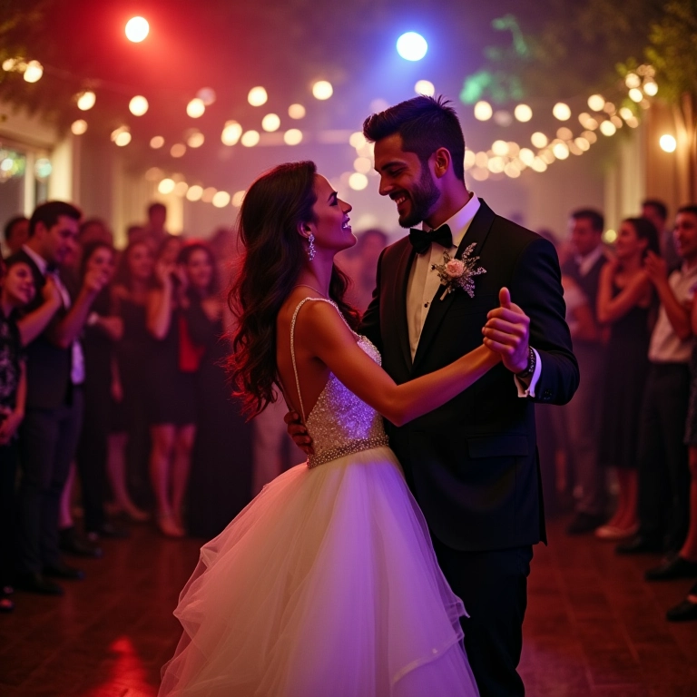 Noivos e amigos em coreografia divertida no casamento.