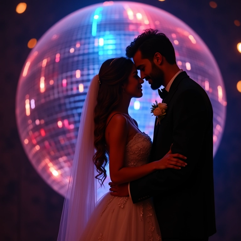 Noivos em foto com reflexo de globo de espelhos.