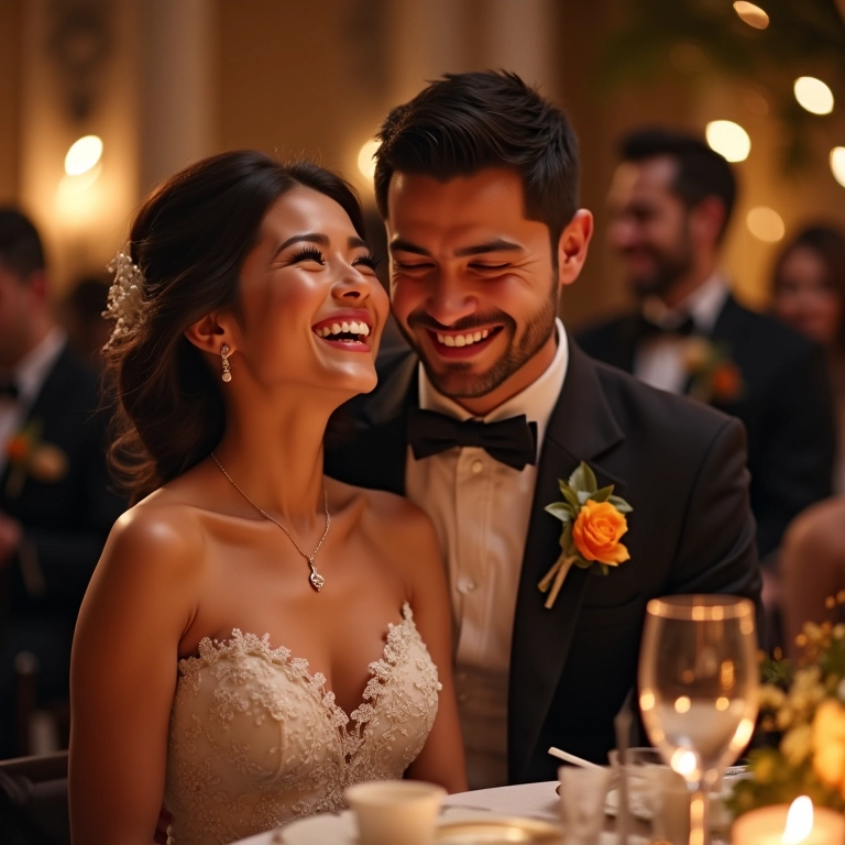 Noivos rindo com animador durante a recepção do casamento.