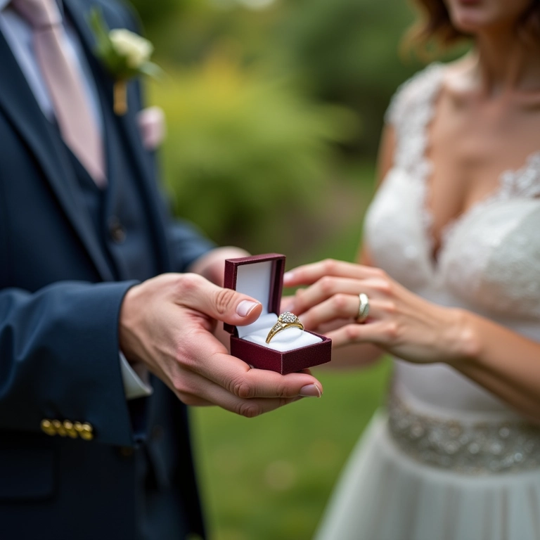 Noivos trocando alianças em cerimônia ao ar livre com porta-alianças original.