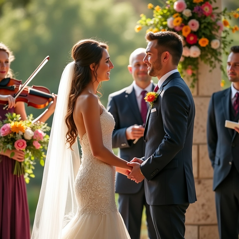 Noivos trocando votos em cerimônia de casamento vibrante com quarteto de cordas.