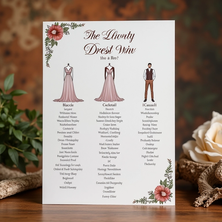 Opções de dress code para casamento exibidas em um convite elegante.