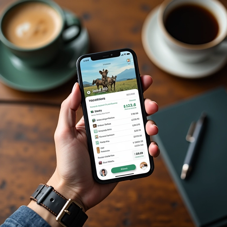 Orçamento detalhado para lua de mel com safári no celular.