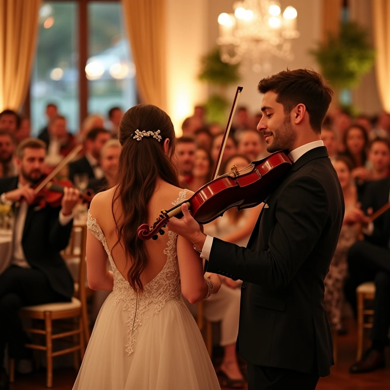 Orquestra de cordas tocando em casamento elegante. Noivos sorrindo em primeiro plano.