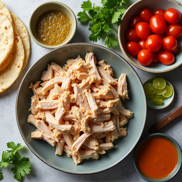 Overhead shot of ingredients for chicken wraps: shredded chicken, colorful vegetables, tortillas, Ingredientes frescos para preparar um wrap de frango delicioso.