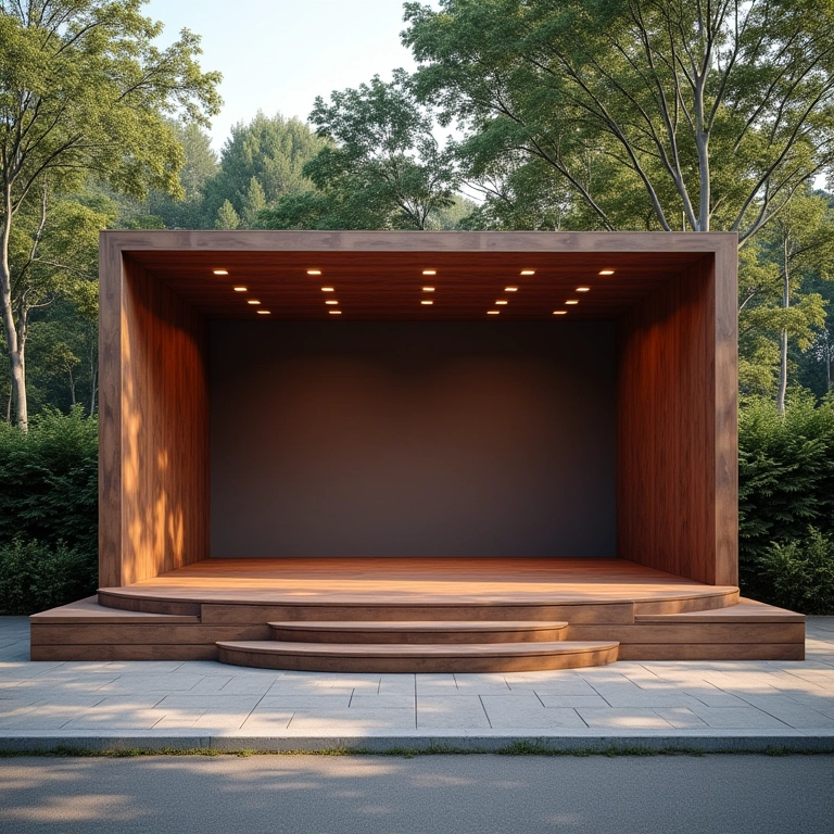 Palco ao ar livre com painéis acústicos, garantindo boa acústica mesmo em ambientes externos.
