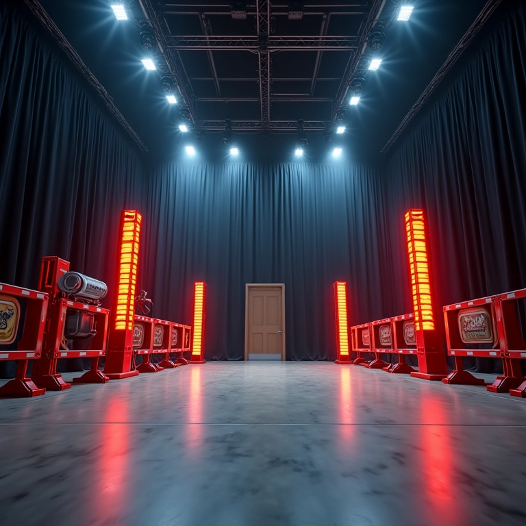 Palco com barreiras de segurança e sinalização clara, priorizando a segurança do público.