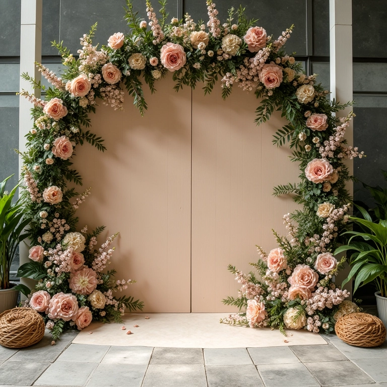 Palco de casamento decorado de forma econômica com materiais reciclados e flores.